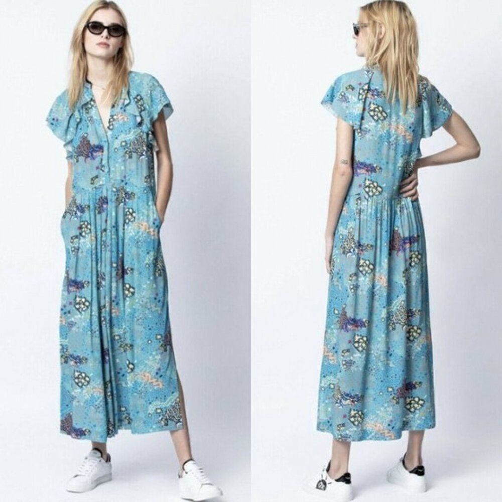 Zadig & Voltaire blue abstract print Ruskie Glam Rock drop waist maxi dress
